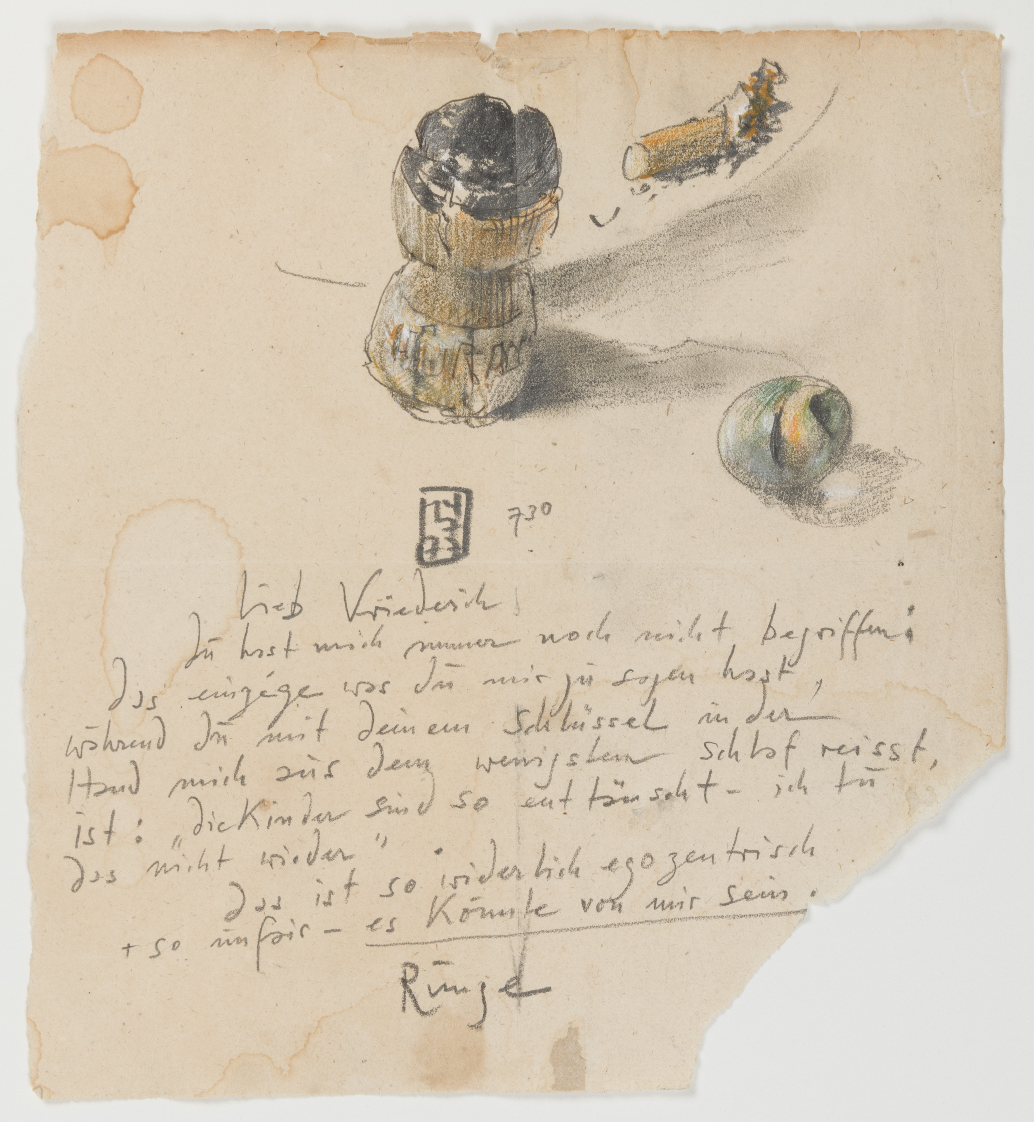 Letter to Viola Rackow, with a Still Life of a Champagne Cork and a Cigarette Butt